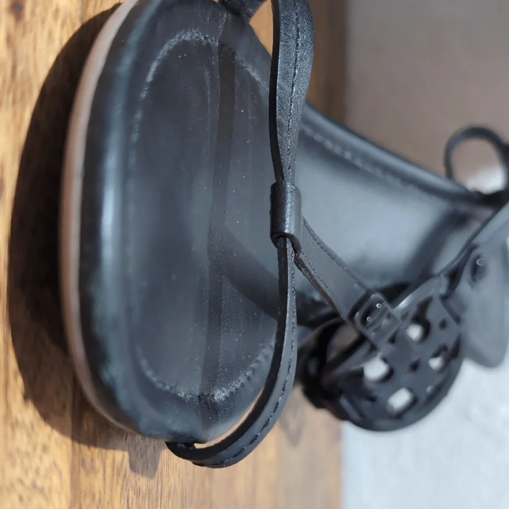 Tory Burch Miller Sandals Ankle Strap Wedge‎ Women 8M Black Leather Logo 5930